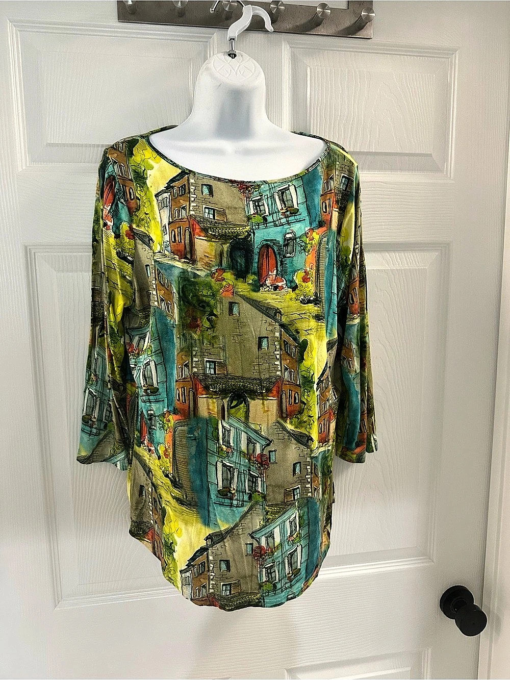 Peck & Peck Watercolor Village Print Long Sleeve Top Green & Blue